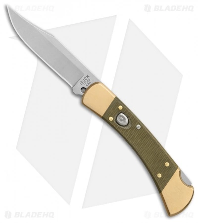 Buck Knives Buck 110 Automatic Knife OD Green Canvas Micarta/Brushed Brass (3.75" SW) 3 Buck Knives Buck 110 Automatic Knife OD Green Canvas Micarta/Brushed Brass (3.75" SW)