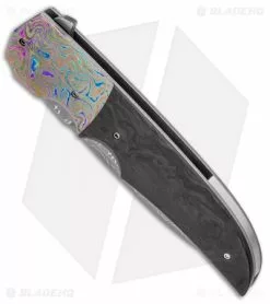 Clark Custom Knives Jason Clark DP Flipper Frame Lock Knife Marbled CF/Timascus (3.5" Damascus) -Avokelavavat Sales Store Jason Clark DP Marbled CF Timascus Razorwire Damascus BHQ 99266 jr spine