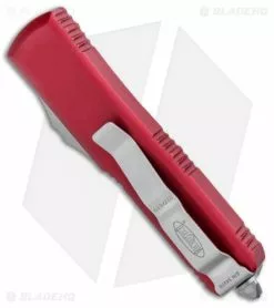 Microtech UTX-85 T/E OTF Automatic Knife Red (3.125" Stonewash Serr) 233-11RD -Avokelavavat Sales Store Microtech UTX 85 TE OTF Auto Red SW Serr 233 11RD BHQ 95393 jr side