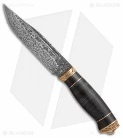 Olamic Cutlery Olamic Voykar HT Fixed Blade Knife Stacked Leather/Bronze (6" Marbled Damascus)
