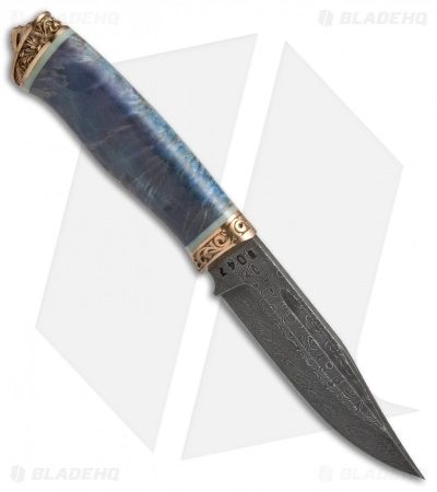 Olamic Cutlery Voykar HT4 Fixed Blade Knife Blue Karelian Birch (4.75" Damascus) 4 Olamic Cutlery Voykar HT4 Fixed Blade Knife Blue Karelian Birch (4.75" Damascus) - Image 2