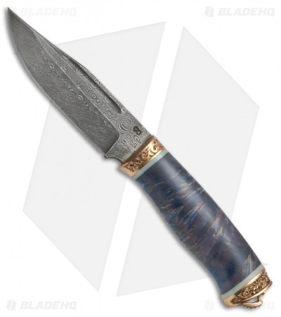Olamic Cutlery Voykar HT4 Fixed Blade Knife Blue Karelian Birch (4.75" Damascus) 3 Olamic Cutlery Voykar HT4 Fixed Blade Knife Blue Karelian Birch (4.75" Damascus)