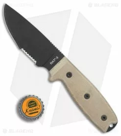 Ontario Knife Company Ontario OKC RAT-3 Fixed Blade Knife Tan Micarta (3.6" Black Serr) 8666 -Avokelavavat Sales Store Ontario Rat 3 serr nylon sheath BHQ 75457 er bottlecap