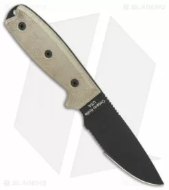 Ontario Knife Company Ontario OKC RAT-3 Fixed Blade Knife Tan Micarta (3.6" Black Serr) 8666 -Avokelavavat Sales Store Ontario Rat 3 serr nylon sheath BHQ 75457 er side