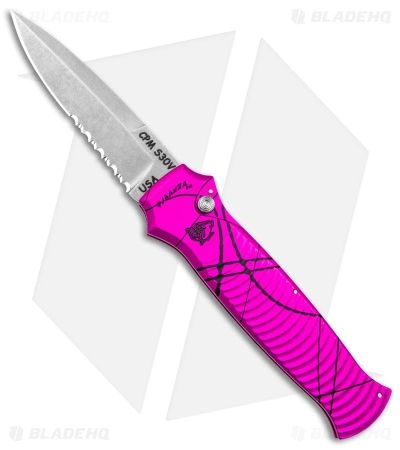 Piranha Bodyguard Automatic Knife Pink Aluminum (3.3" Serr Stonewash) 3 Piranha Bodyguard Automatic Knife Pink Aluminum (3.3" Serr Stonewash)
