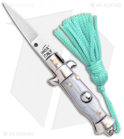 SKM Italian Stiletto Keychain Automatic Knife Silver/Teal (1.125" Satin) 3 SKM Italian Stiletto Keychain Automatic Knife Silver/Teal (1.125" Satin)