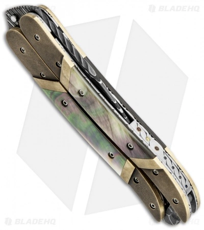Corrie Schoeman Balisong Butterfly Knife Bronze W/ Black Lip Pearl (Damascus) 4 Corrie Schoeman Balisong Butterfly Knife Bronze W/ Black Lip Pearl (Damascus) - Image 2