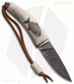 Olamic Cutlery Scrimshaw Hunter Knife Fish Fixed Blade (3.75" Damascus) -Avokelavavat Sales Store olamic cutlery scrimsahw hunter fish fixed dam back