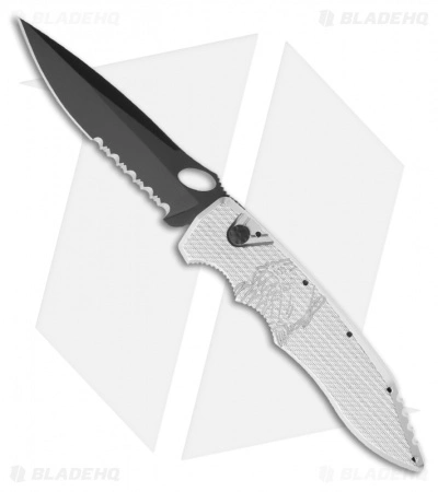 Piranha Mini Predator Silver Tactical Automatic Knife (3.5" Black Serr) 3 Piranha Mini Predator Silver Tactical Automatic Knife (3.5" Black Serr)